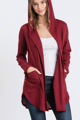 Waffle Knit Cardigan w/Pockets & Hood - #3392-3403