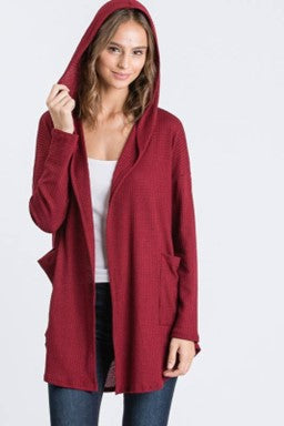 Waffle Knit Cardigan w/Pockets & Hood - #3392-3403