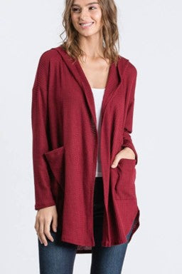 Waffle Knit Cardigan w/Pockets & Hood - #3392-3403