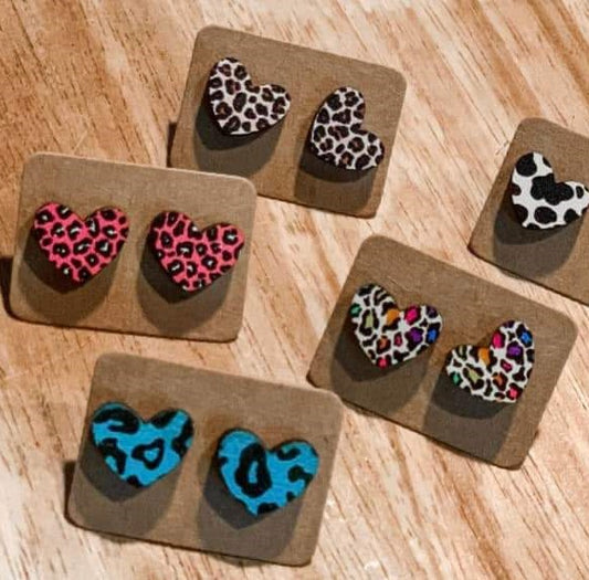 Wood Heart Leopard Earrings - 4 Colors - #3190-3193